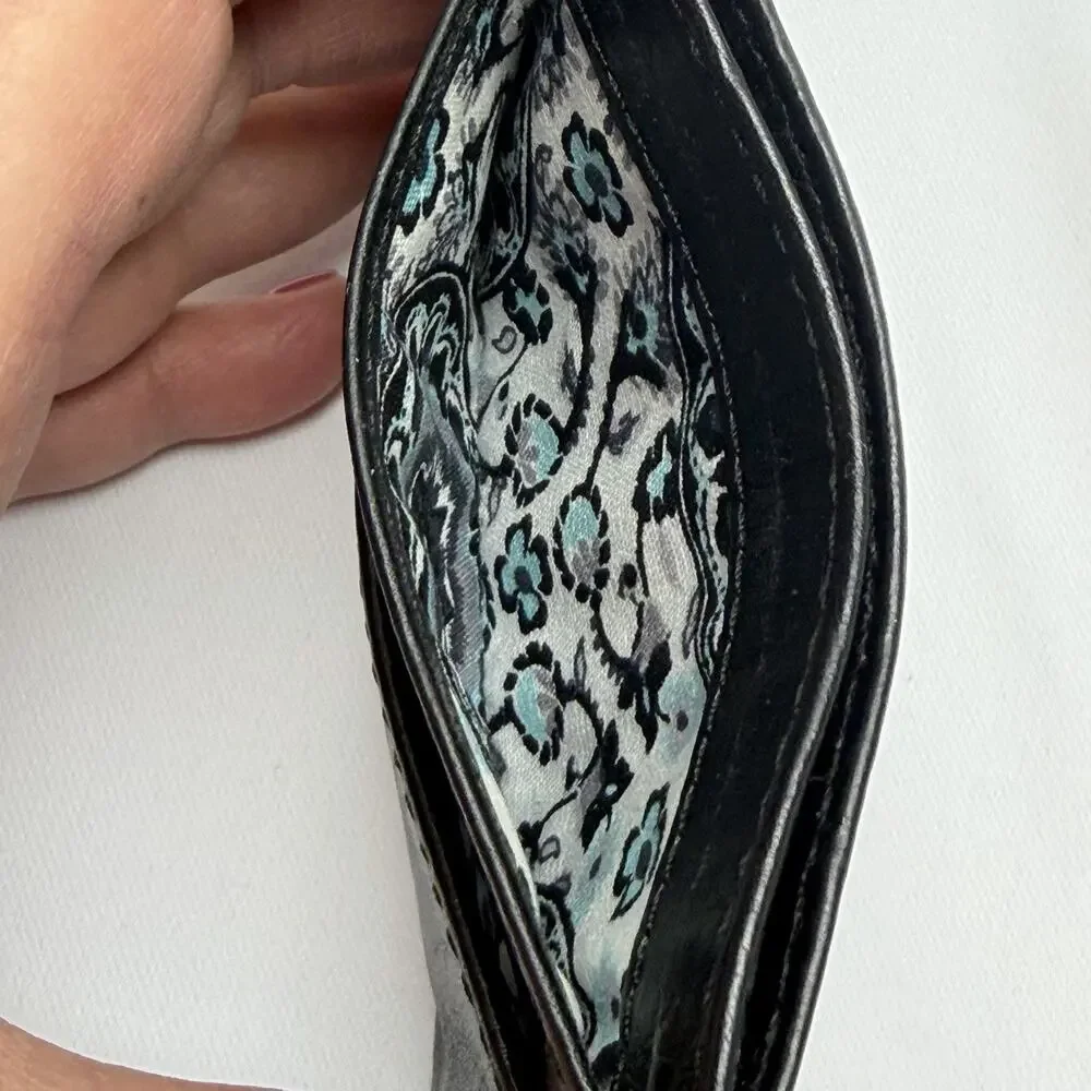Vera Bradley Black Leather Card Wallet Slim ID Holder Teal Floral Lined